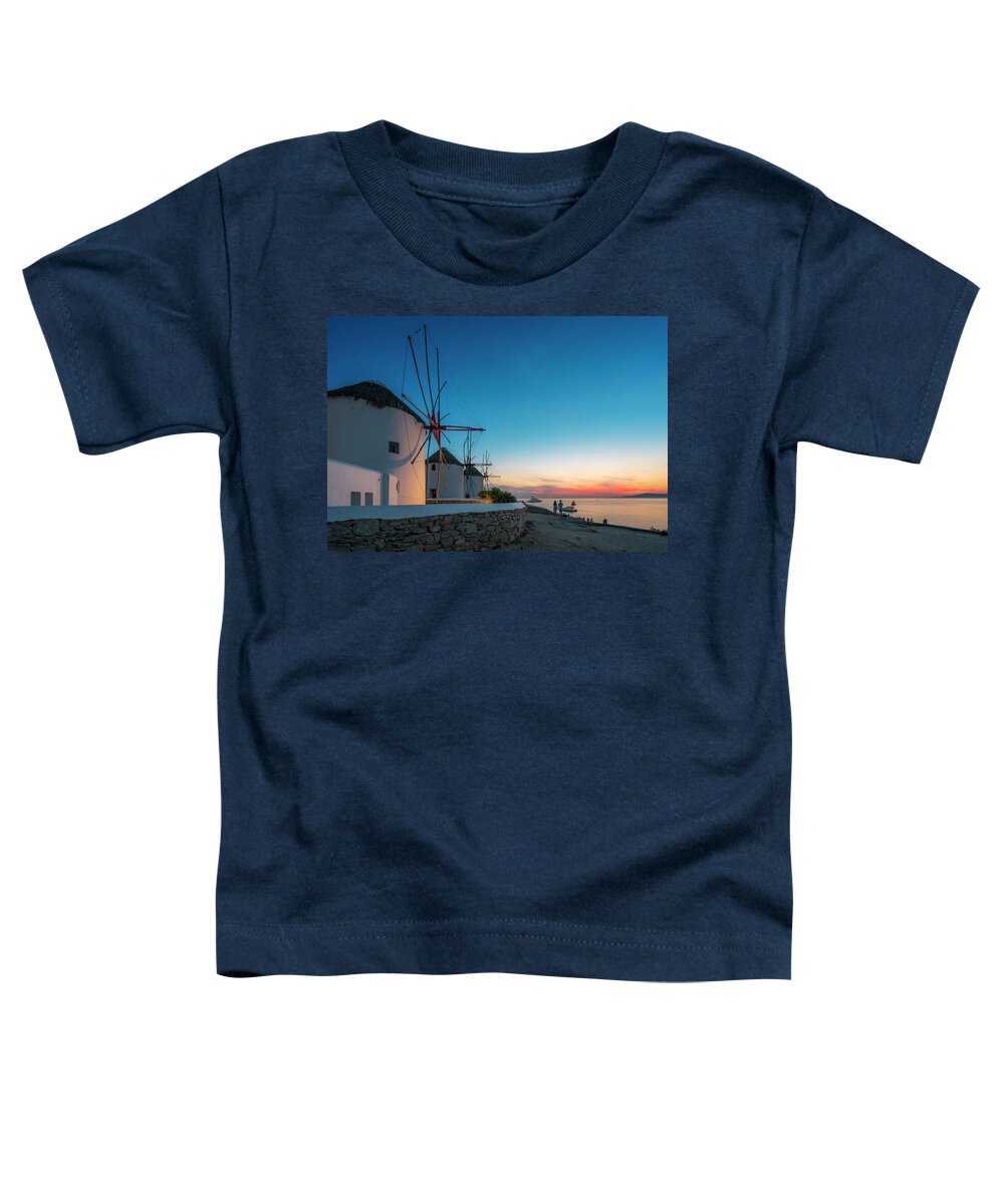 Estock Toddler T-Shirt featuring the digital art Greece, Aegean Islands, Cyclades, Mediterranean Sea, Aegean Sea, Greek Islands, Mikonos Island, Mykonos, Windmills At Sunset by Giorgio Filippini