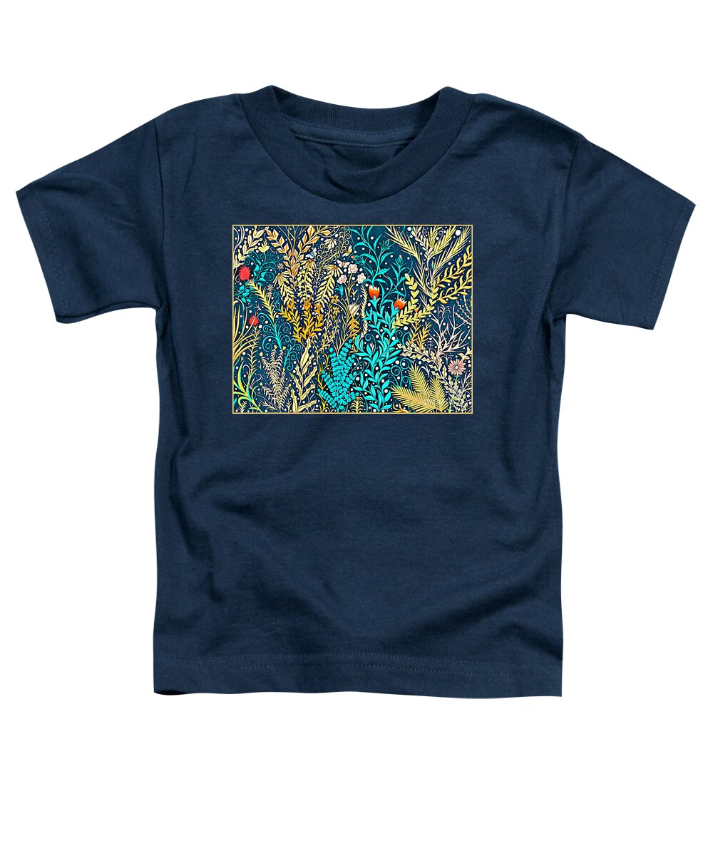 Lise Winne Toddler T-Shirt featuring the mixed media Tapestry and Home Decor Design in Dark Navy Blue with Yellow and Turquoise Foliage by Lise Winne