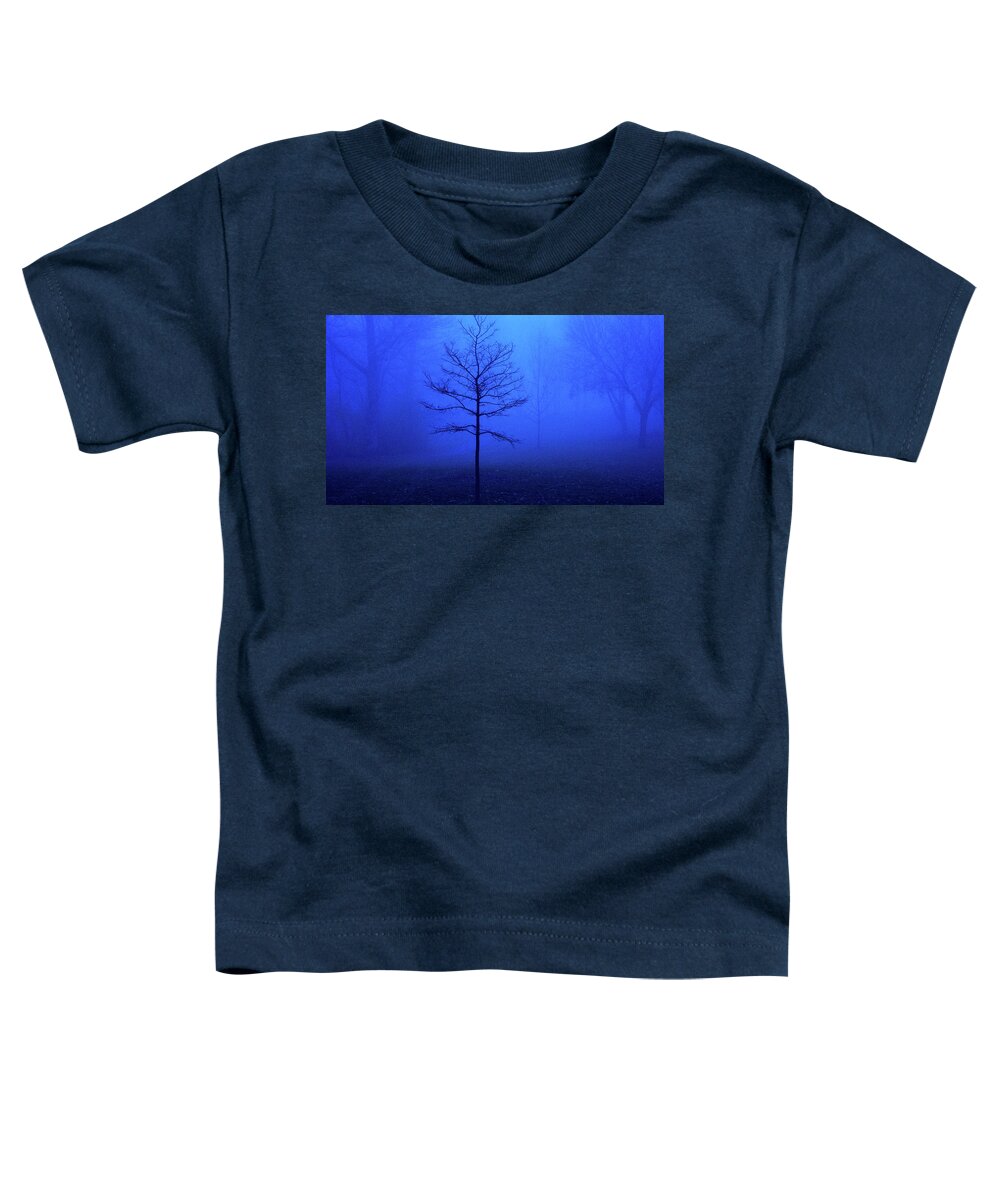 Blue Toddler T-Shirt featuring the photograph Bare Tree on a Foggy Morning by David Morehead