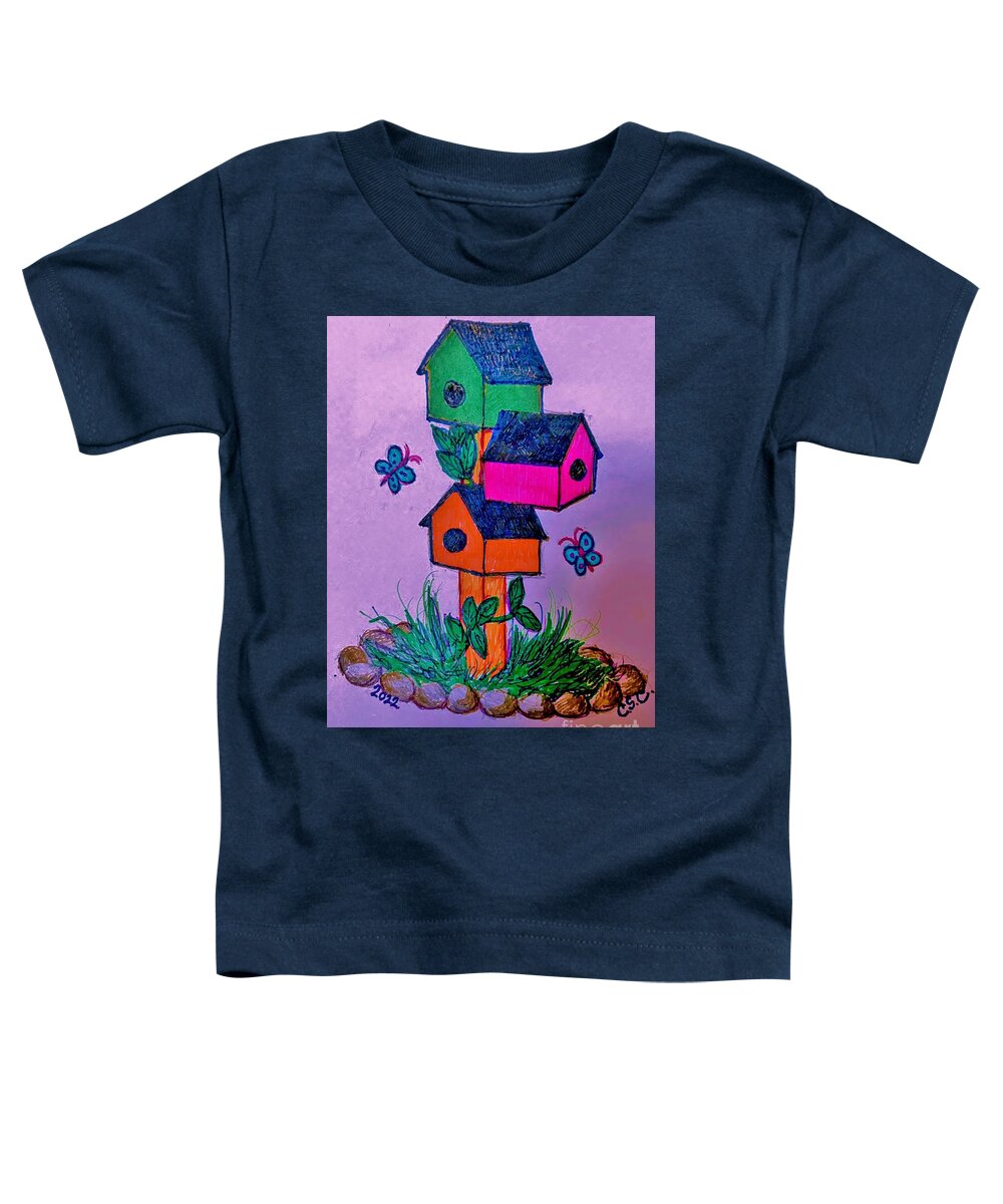 Colorful Toddler T-Shirt featuring the drawing Birdhouses with Butterflies by Christy Saunders Church