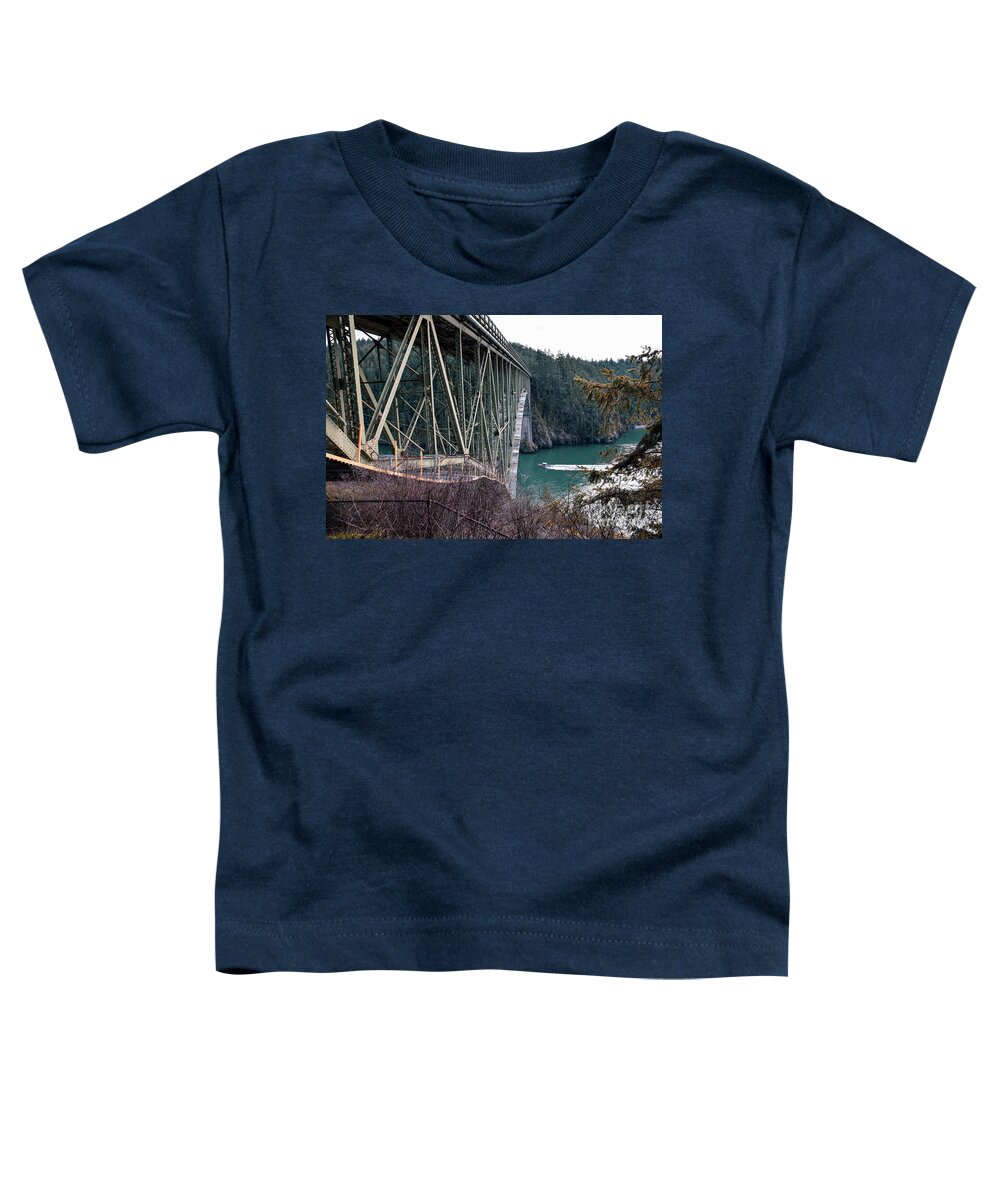 Deception Pass Toddler T-Shirt featuring the photograph Boat Under Deception Pass Bridge by Sea Change Vibes