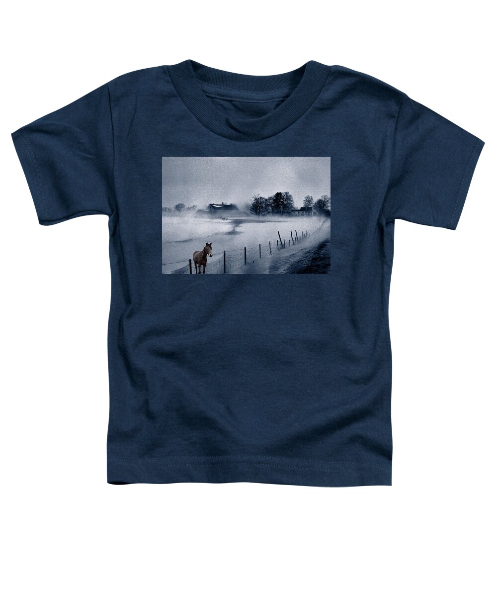 Mist Toddler T-Shirt featuring the photograph Brown Horse on a Blue Farm by Wayne King