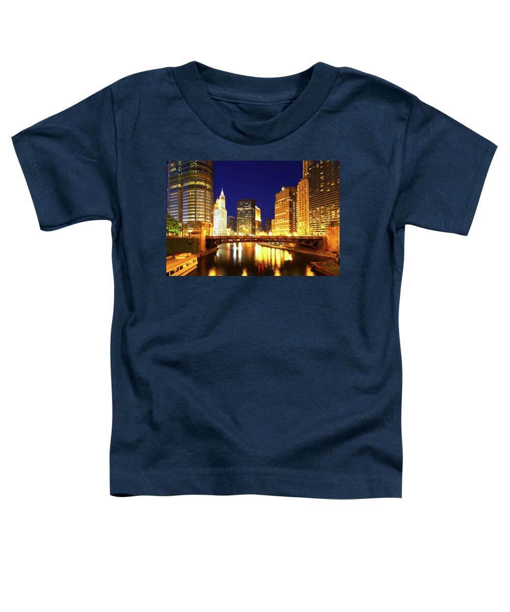 Chicago Skyline Toddler T-Shirt featuring the photograph Chicago Skyline Night River by Patrick Malon