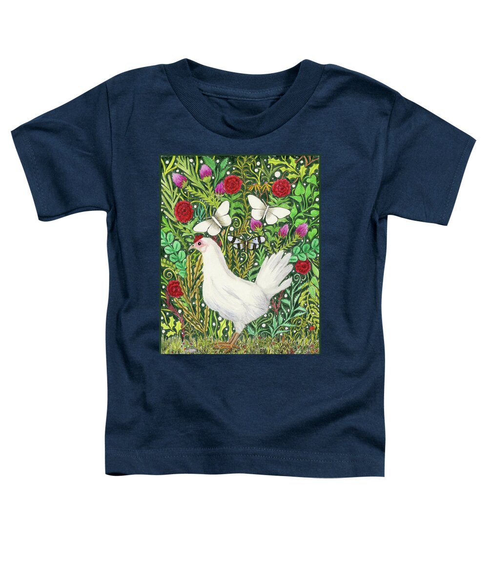 Chicken Toddler T-Shirt featuring the painting Chicken in the Millefleurs with Three Muses by Lise Winne