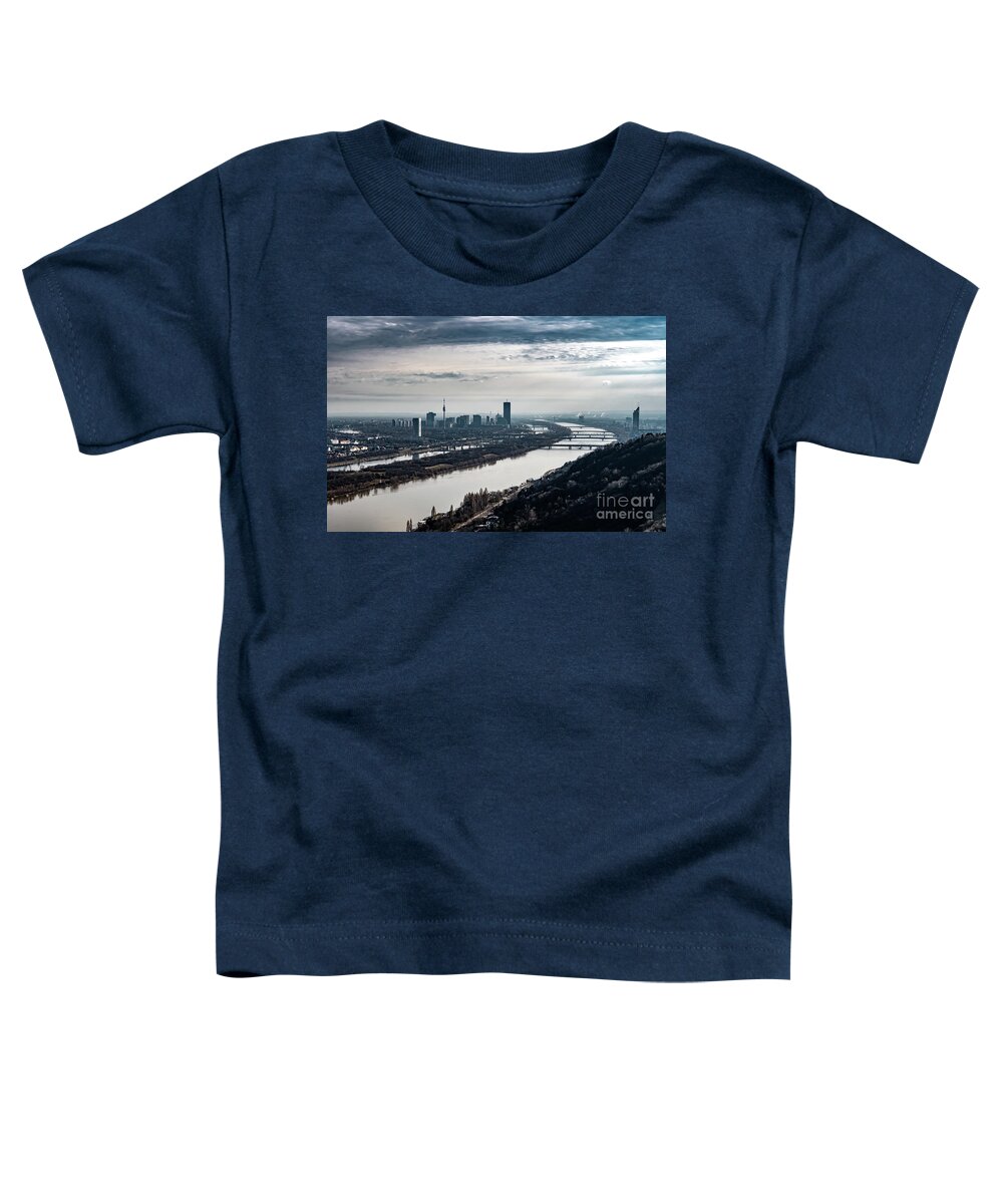 Aerial Toddler T-Shirt featuring the photograph City Of Vienna With Suburbs And River Danube In Austria by Andreas Berthold