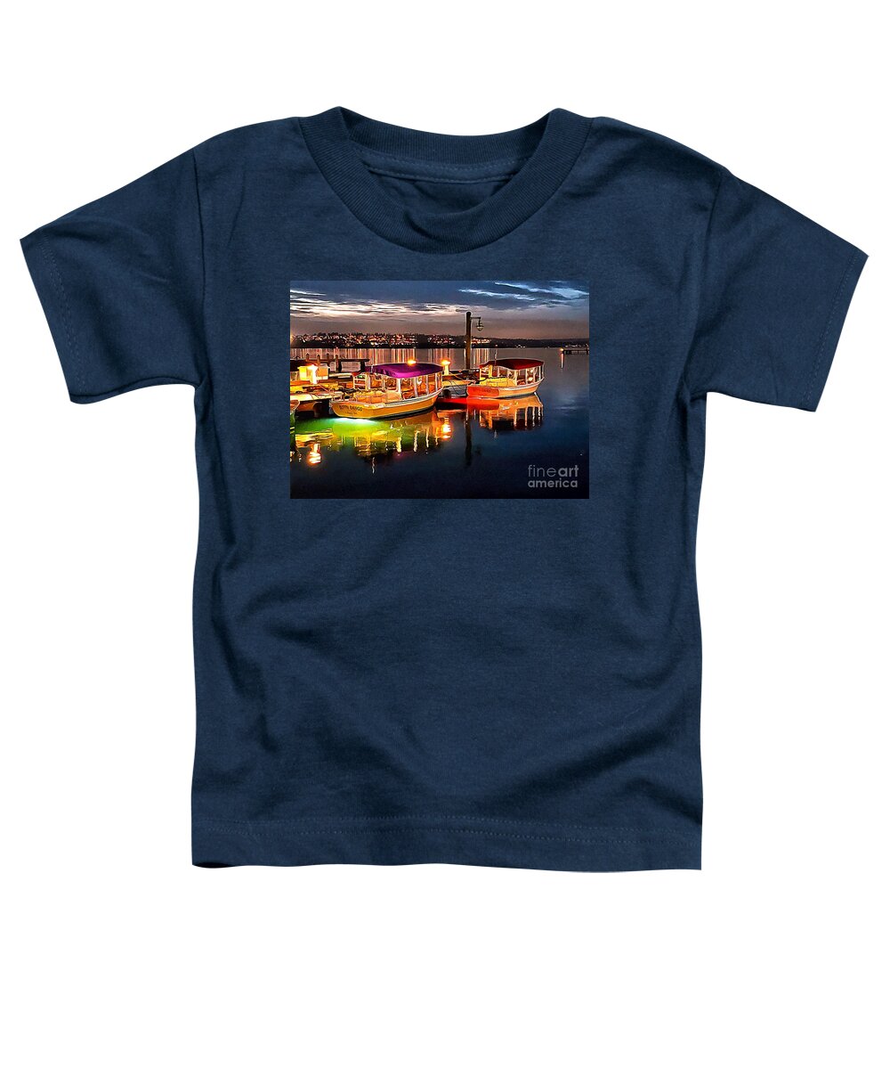 Boats Toddler T-Shirt featuring the photograph Colorful Boats and Lights in Kirkland by Sea Change Vibes