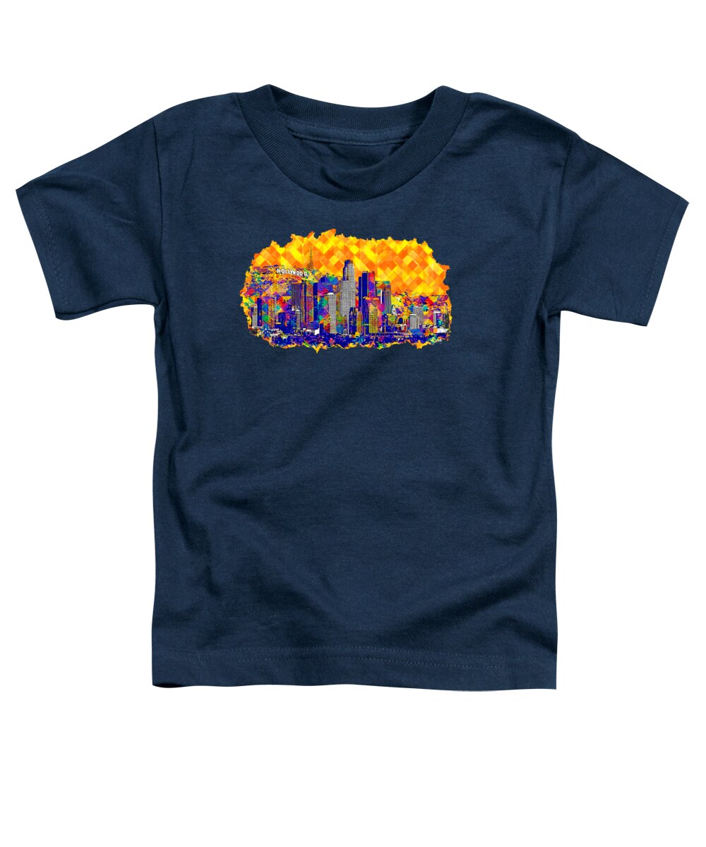 Los Angeles Toddler T-Shirt featuring the digital art Downtown Los Angeles skyline with the Hollywood sign in the background - colorful digital painting by Nicko Prints