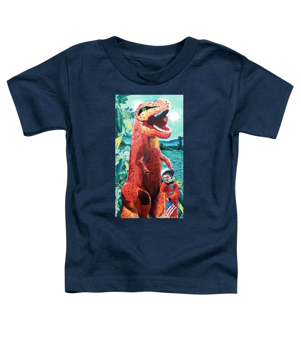 Planet Toddler T-Shirt featuring the painting Exploring Planet Zucchini, Astro-Boy and his faithful T-Rex companion by Merana Cadorette