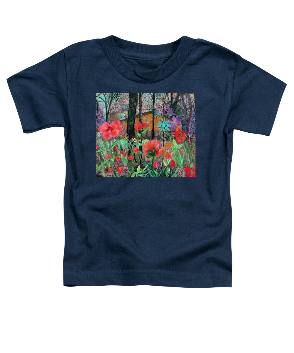 Flowers Toddler T-Shirt featuring the mixed media Flowery Field with Cabin by Suki Michelle