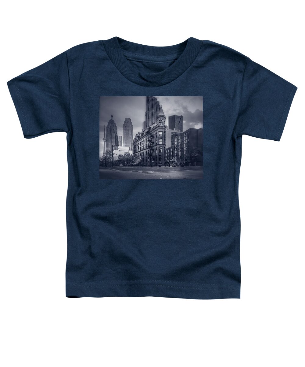Gooderham Building Toddler T-Shirt featuring the photograph Flatiron Building Toronto - Urban Sunset BW by Dee Potter