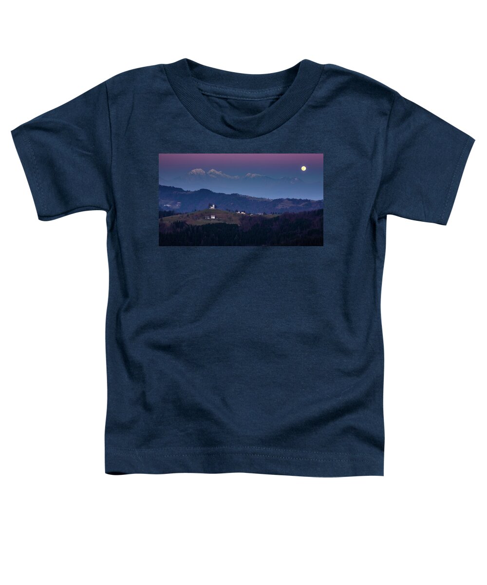Sveti Toddler T-Shirt featuring the photograph Full Moon over Church of Saint Thomas by Ian Middleton