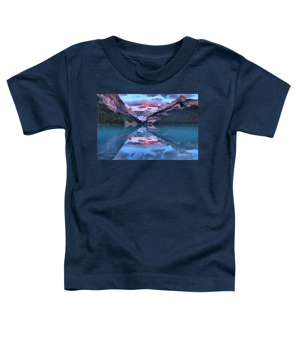 Lake Toddler T-Shirt featuring the photograph Glowing Victoria Glacier Sunrise Panorama by Adam Jewell