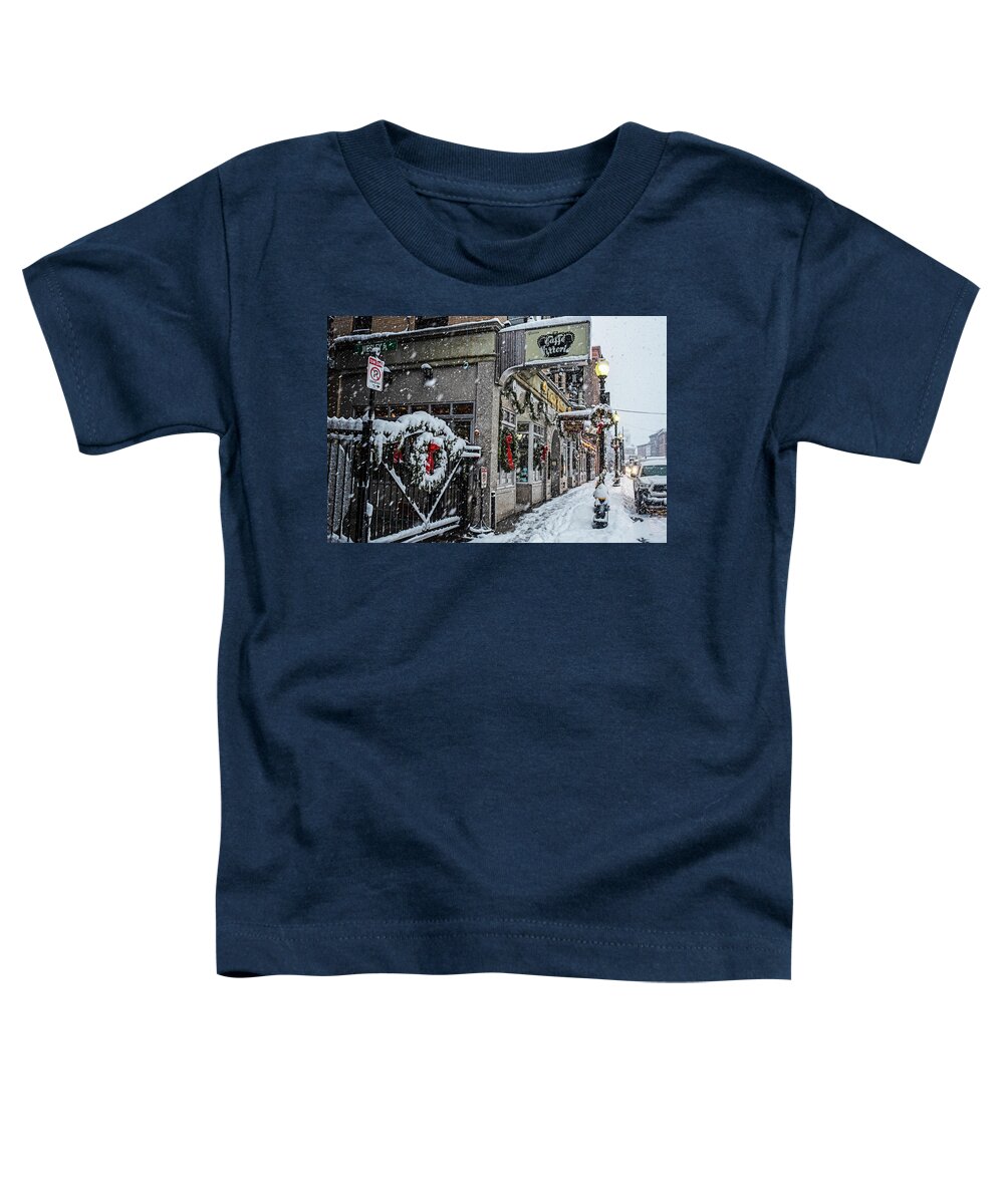 Boston Toddler T-Shirt featuring the photograph Hanover Street Christmas Snowstorm North End Boston MA by Toby McGuire