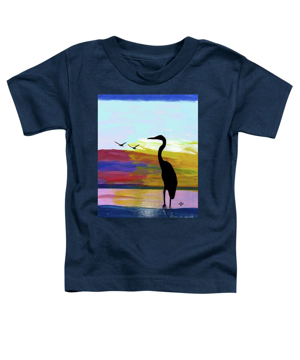 Sunset Toddler T-Shirt featuring the painting Heron On The Lake Sunset by D Hackett