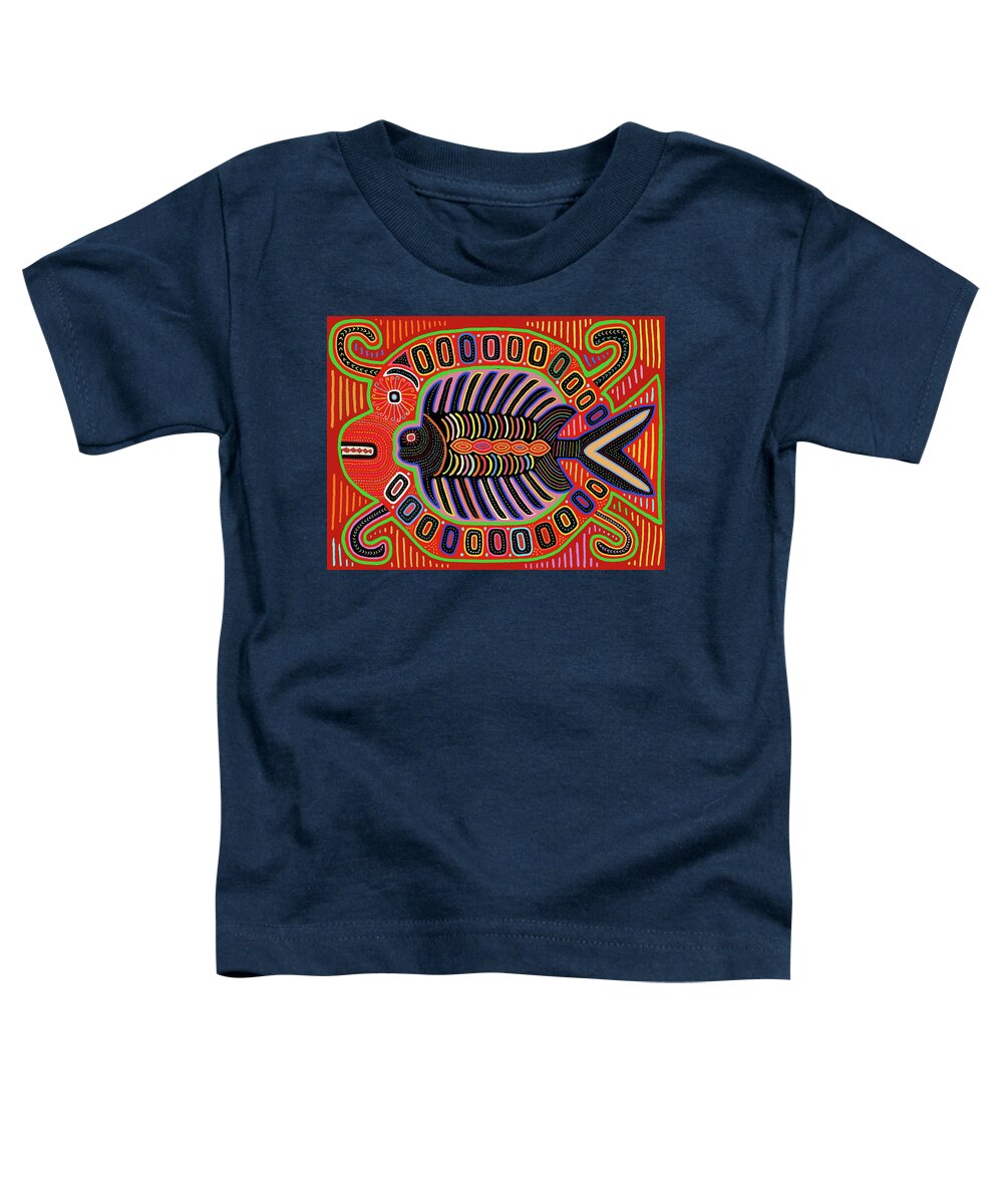 Kuna Indian Mola Toddler T-Shirt featuring the digital art Kuna Indian Pescado Mola by Vagabond Folk Art - Virginia Vivier