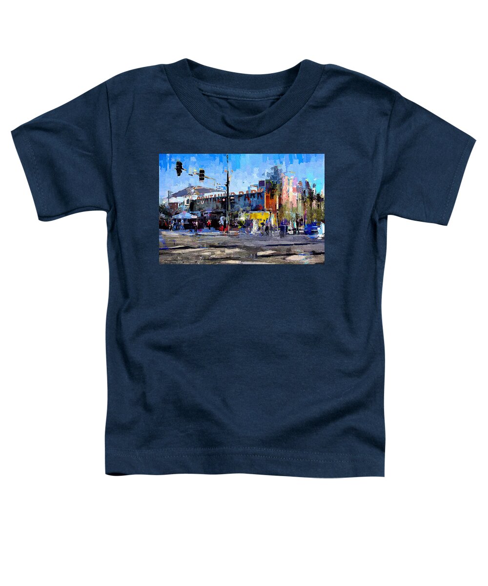 Las Vegas Toddler T-Shirt featuring the mixed media Las Vegas Downtown Container Park - painting by Tatiana Travelways