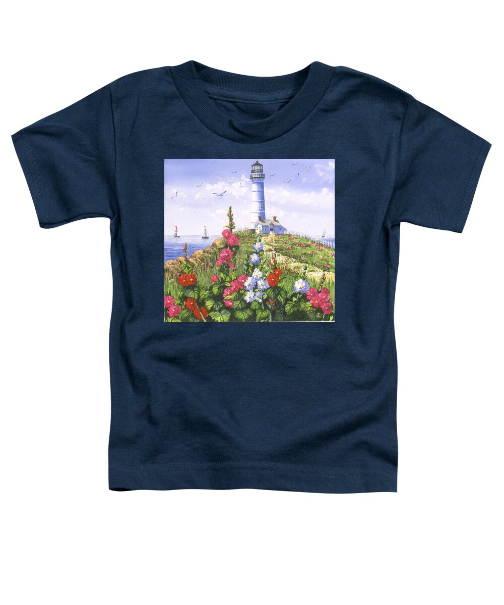 Lighthouse Toddler T-Shirt featuring the painting Lighthouse and Hollyhocks by Diane Phalen