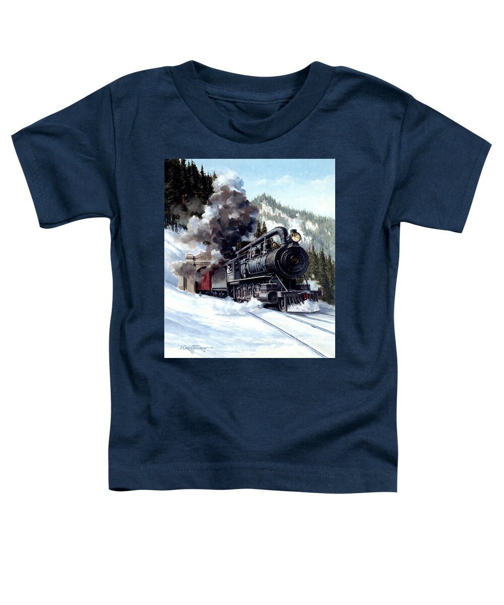 J Craig Thorpe Toddler T-Shirt featuring the painting Locomotives - Great Northern Railway 2-8-0 Type Engine Number 1106 Emerging From Cascade Tunnel by J Craig Thorpe