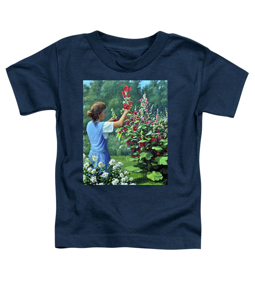 Woman Toddler T-Shirt featuring the painting Shelly and her Hollyhocks by Rick Hansen