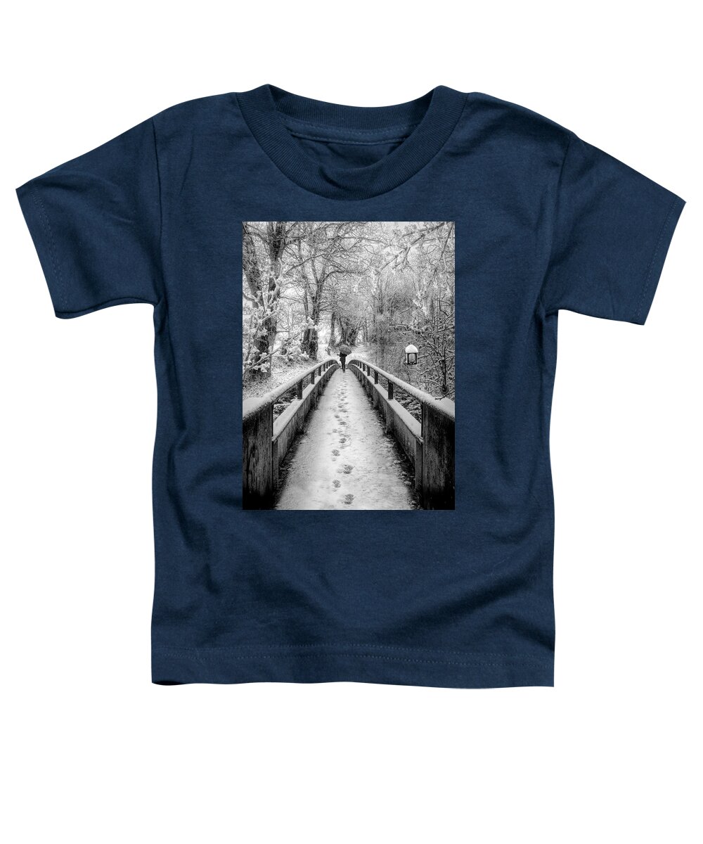 Bridge Toddler T-Shirt featuring the photograph Snowy Walk in Black and White by Debra and Dave Vanderlaan
