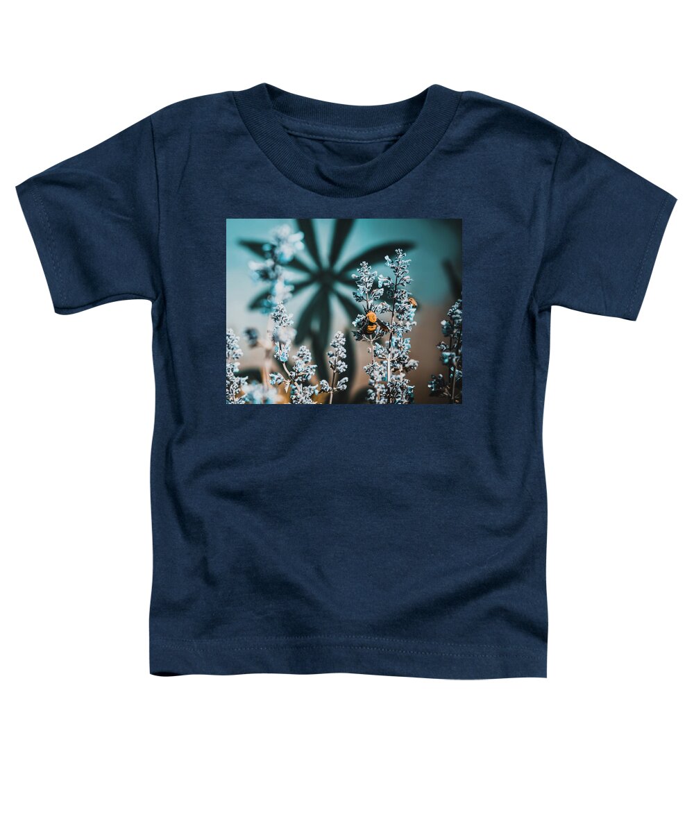 Aqua Toddler T-Shirt featuring the photograph Spring Yellow Bumble Bee on Blue by Jason McPheeters