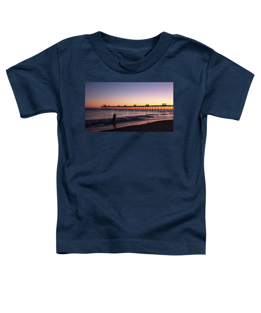 Surf Fishing Toddler T-Shirt featuring the photograph Surf Fisherman and Bogue Inlet Pier at Sunset by Bob Decker