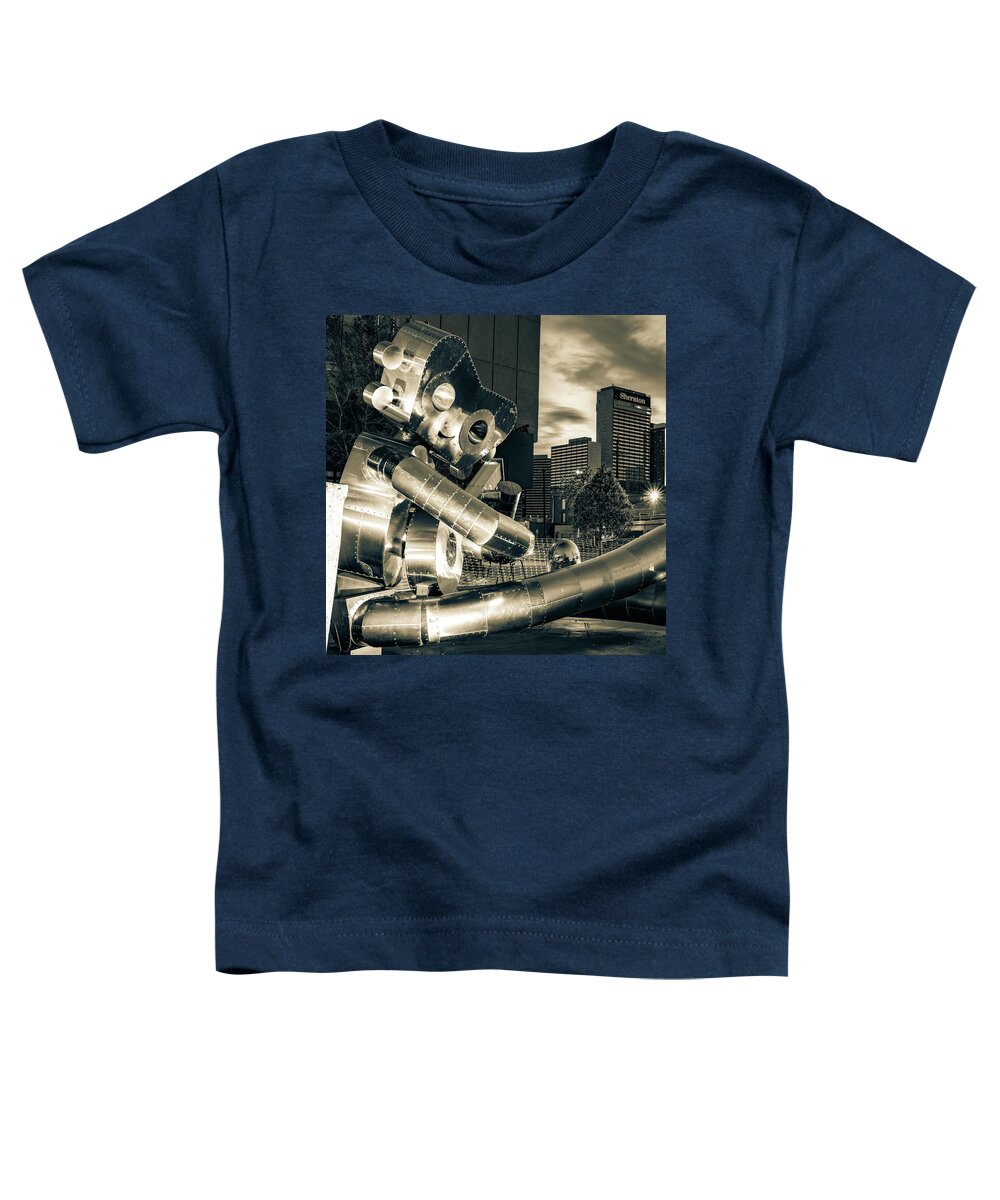 Dallas Traveling Man Toddler T-Shirt featuring the photograph The Traveling Man - Waiting on A Train - Deep Ellum Texas Sepia by Gregory Ballos
