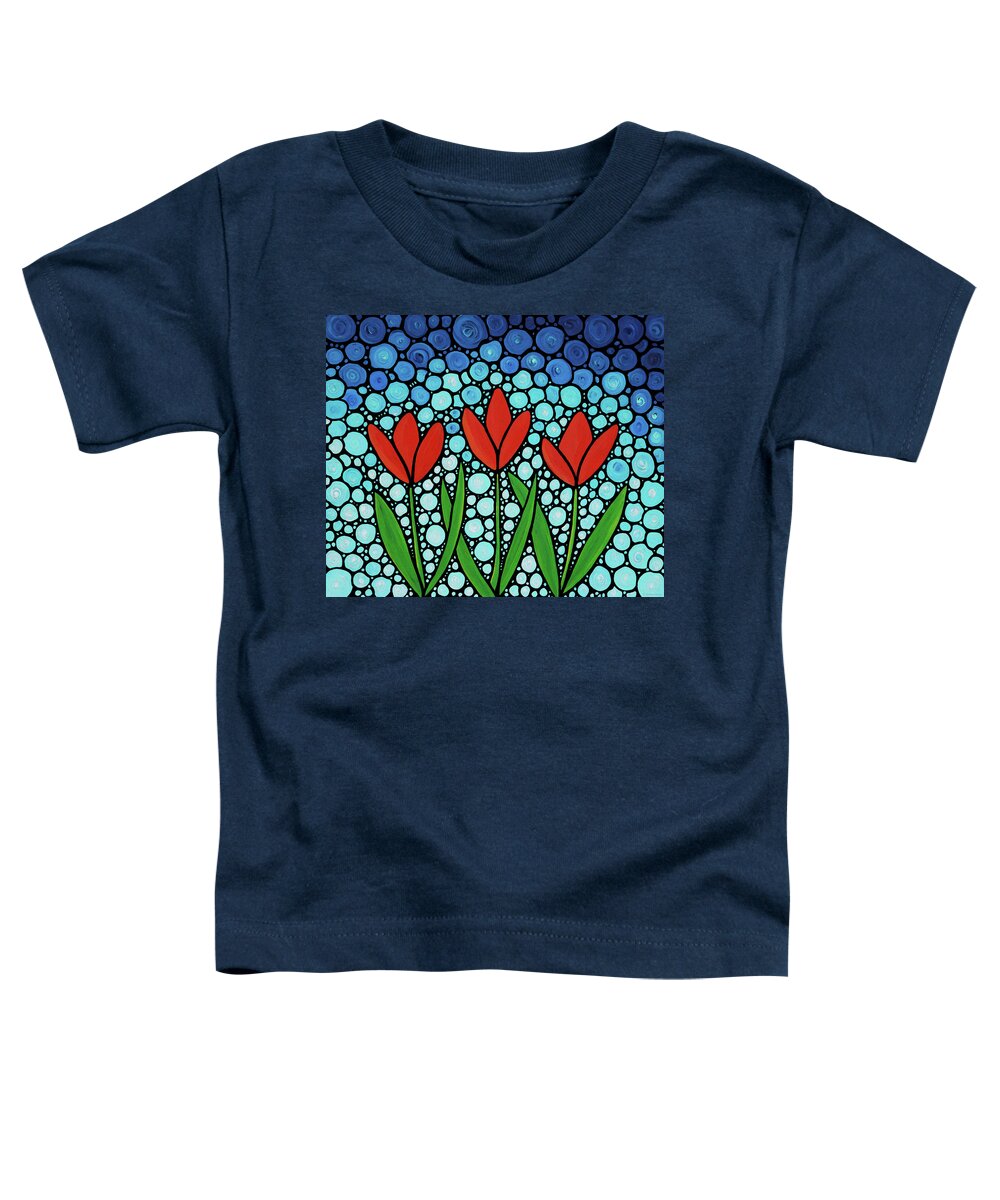 Tulip Toddler T-Shirt featuring the painting Three Friends - Red Tulip Mosaic Art by Sharon Cummings