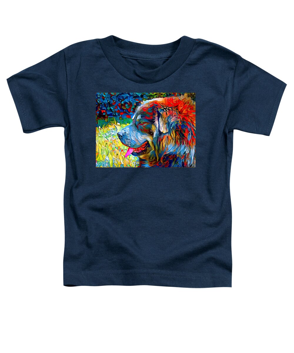 Tibetan Mastiff Toddler T-Shirt featuring the digital art Tibetan Mastiff dog sitting profile with its mouth open - colorful palette knife oil texture by Nicko Prints