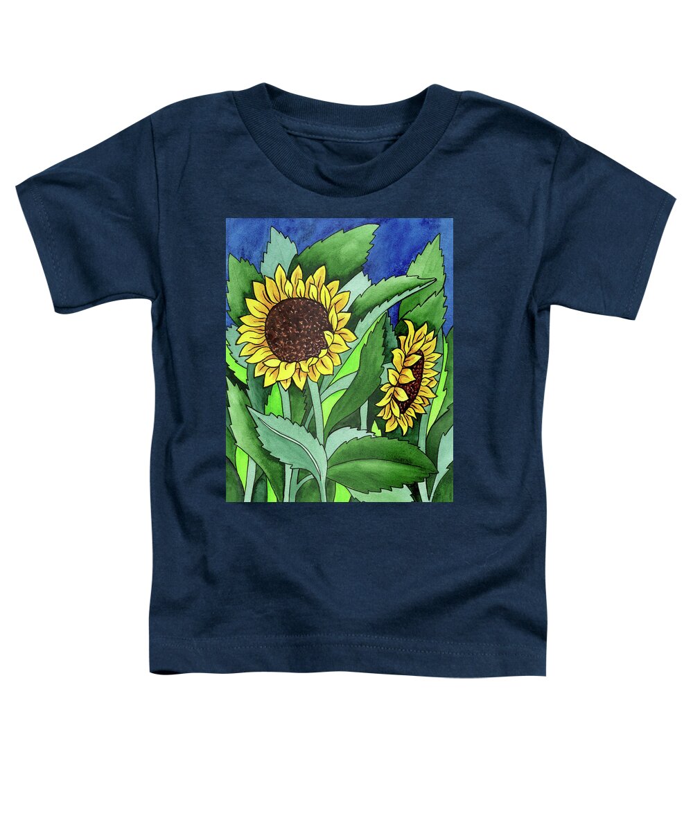 Sunflowers Toddler T-Shirt featuring the painting Two Happy Sunflowers Flowers In Batik Watercolor Style by Irina Sztukowski