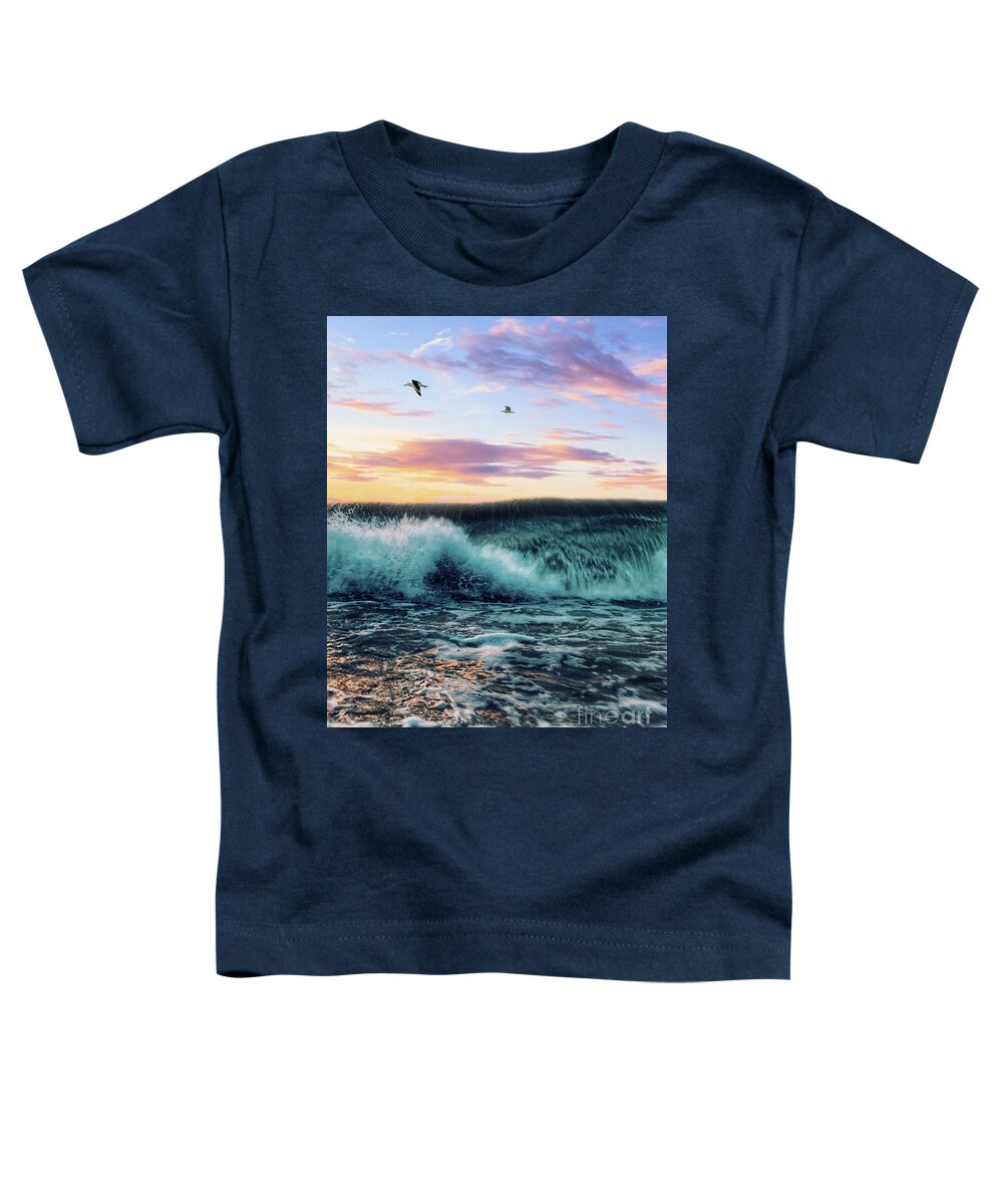 Seagulls Toddler T-Shirt featuring the digital art Waves Crashing At Sunset by Phil Perkins