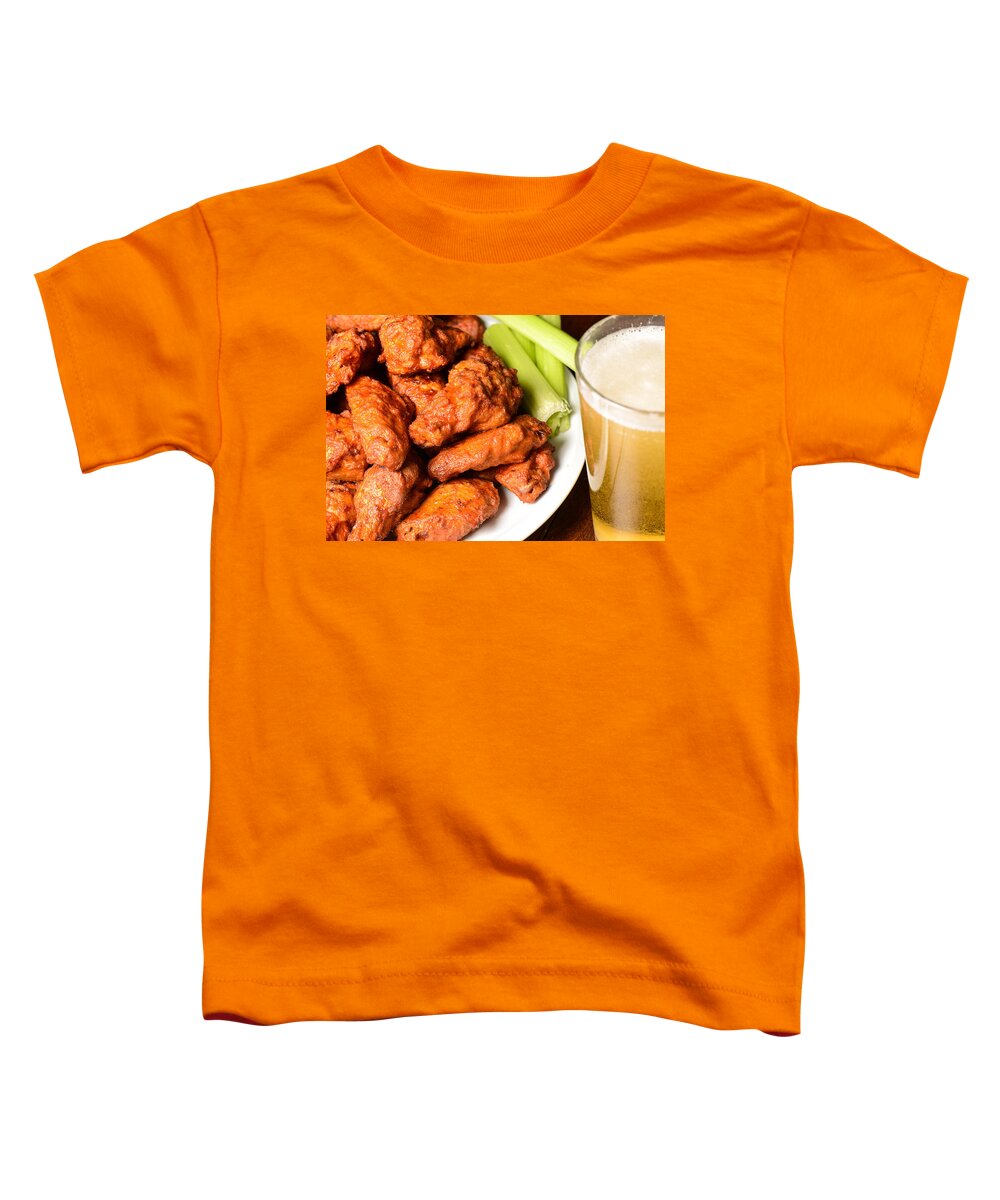 Beer Toddler T-Shirt featuring the photograph Buffalo Wings with Celery Sticks and Beer #1 by Brandon Bourdages