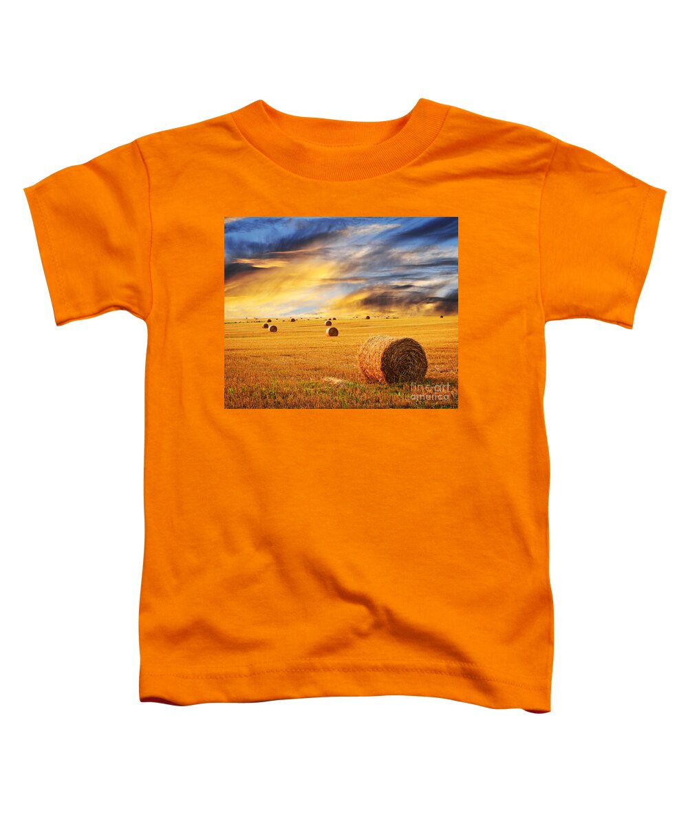 Farm Toddler T-Shirt featuring the photograph Golden sunset over farm field with hay bales by Elena Elisseeva