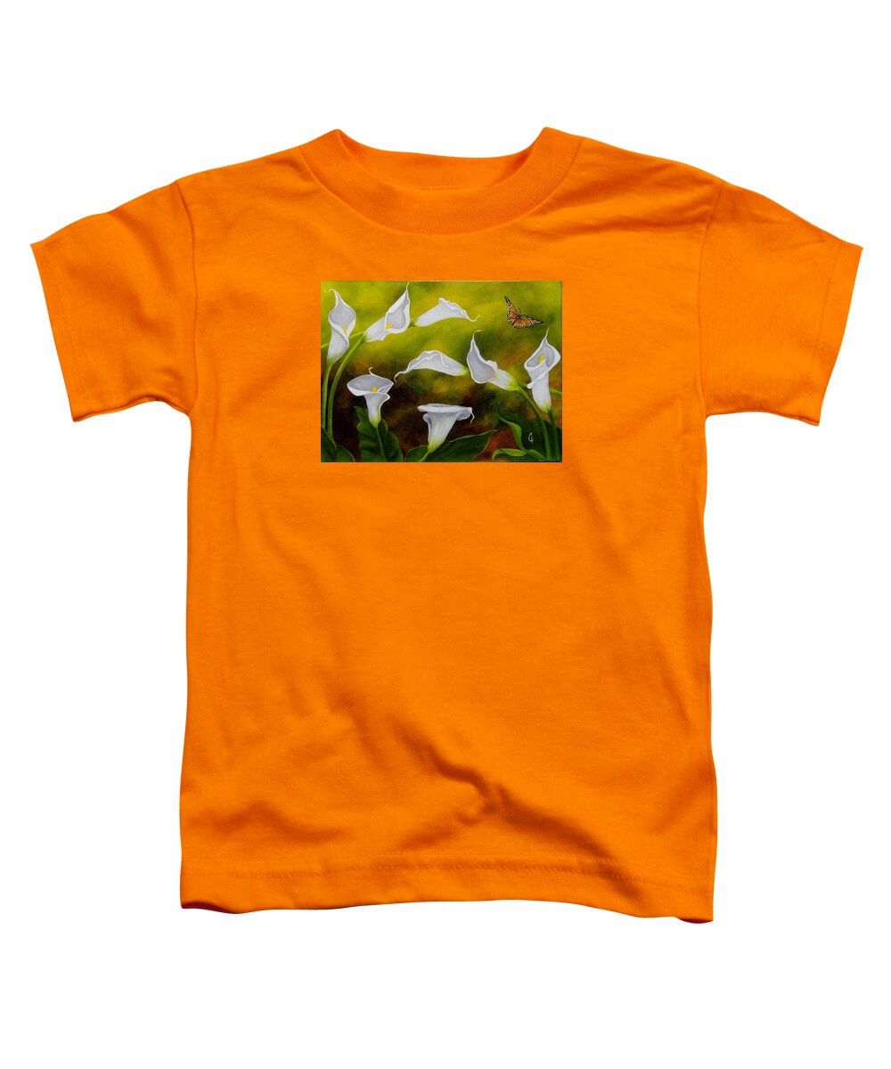 Butterfly Toddler T-Shirt featuring the painting Calla Lilies and Butterfly by Carol Avants