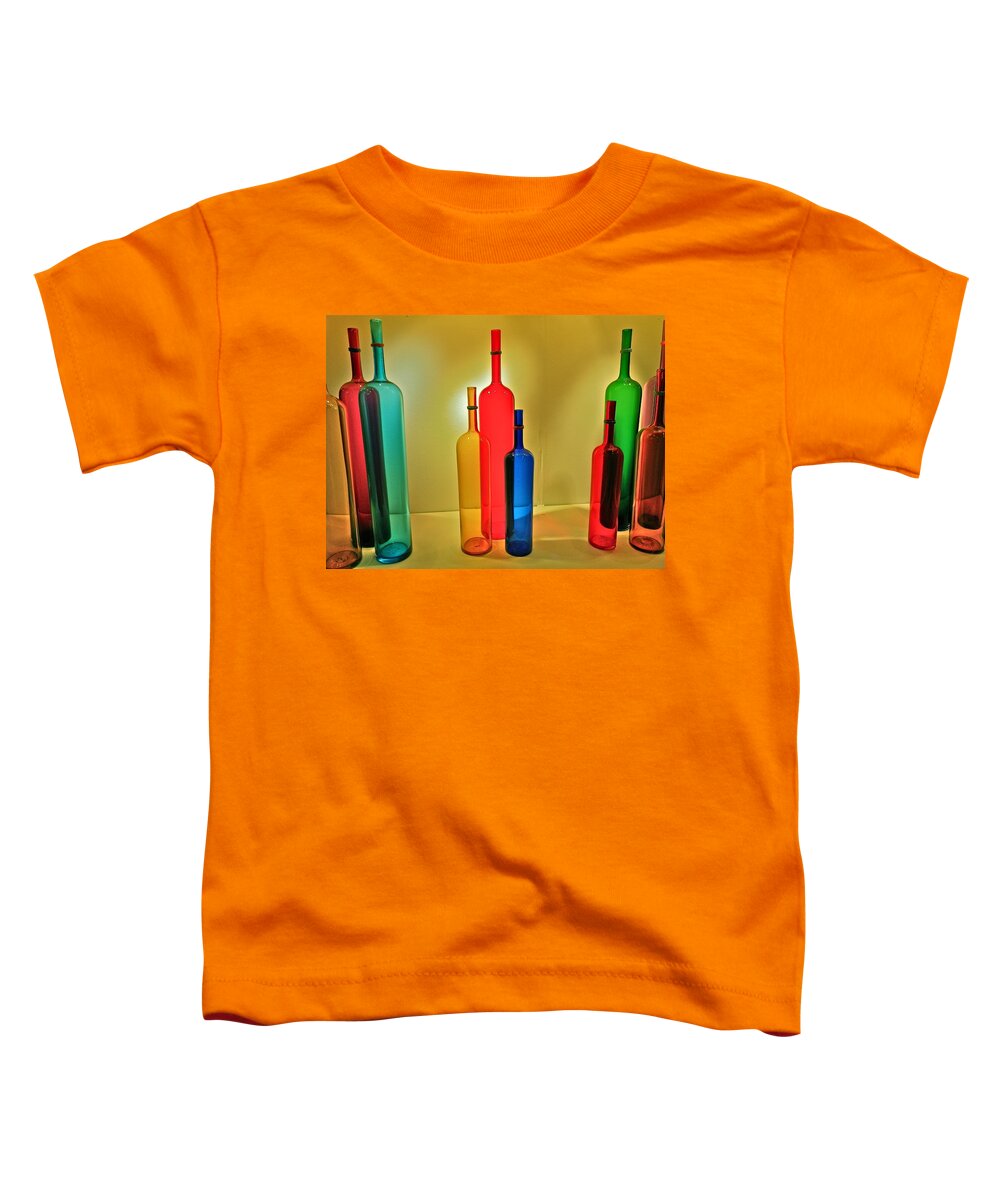 Nostalgic Toddler T-Shirt featuring the photograph Colorful Glass Bottles by Anna Ruzsan