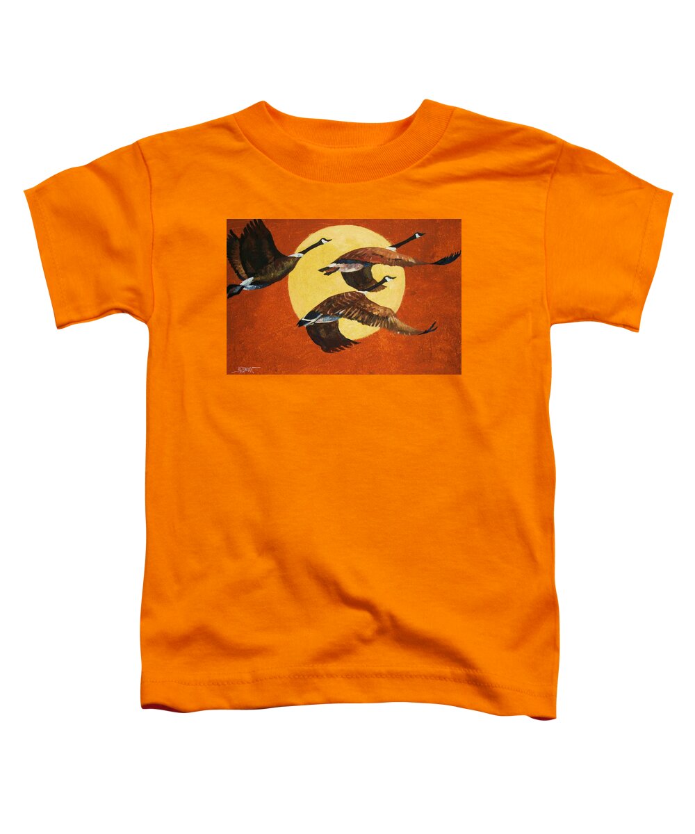 Canada Geese Toddler T-Shirt featuring the painting Soaring Migration by Al Brown
