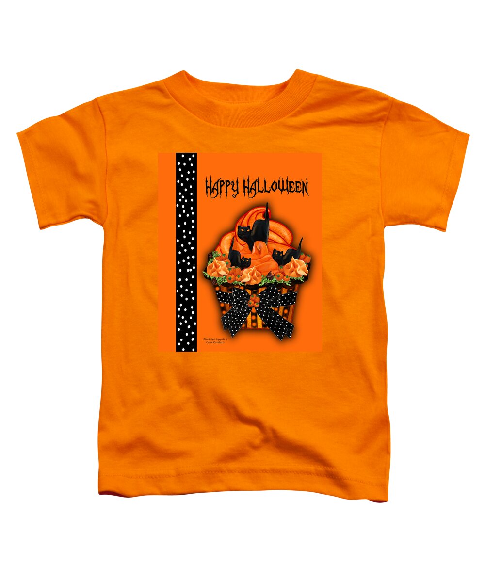  Toddler T-Shirt featuring the mixed media Halloween Black Cat Cupcake 3 by Carol Cavalaris