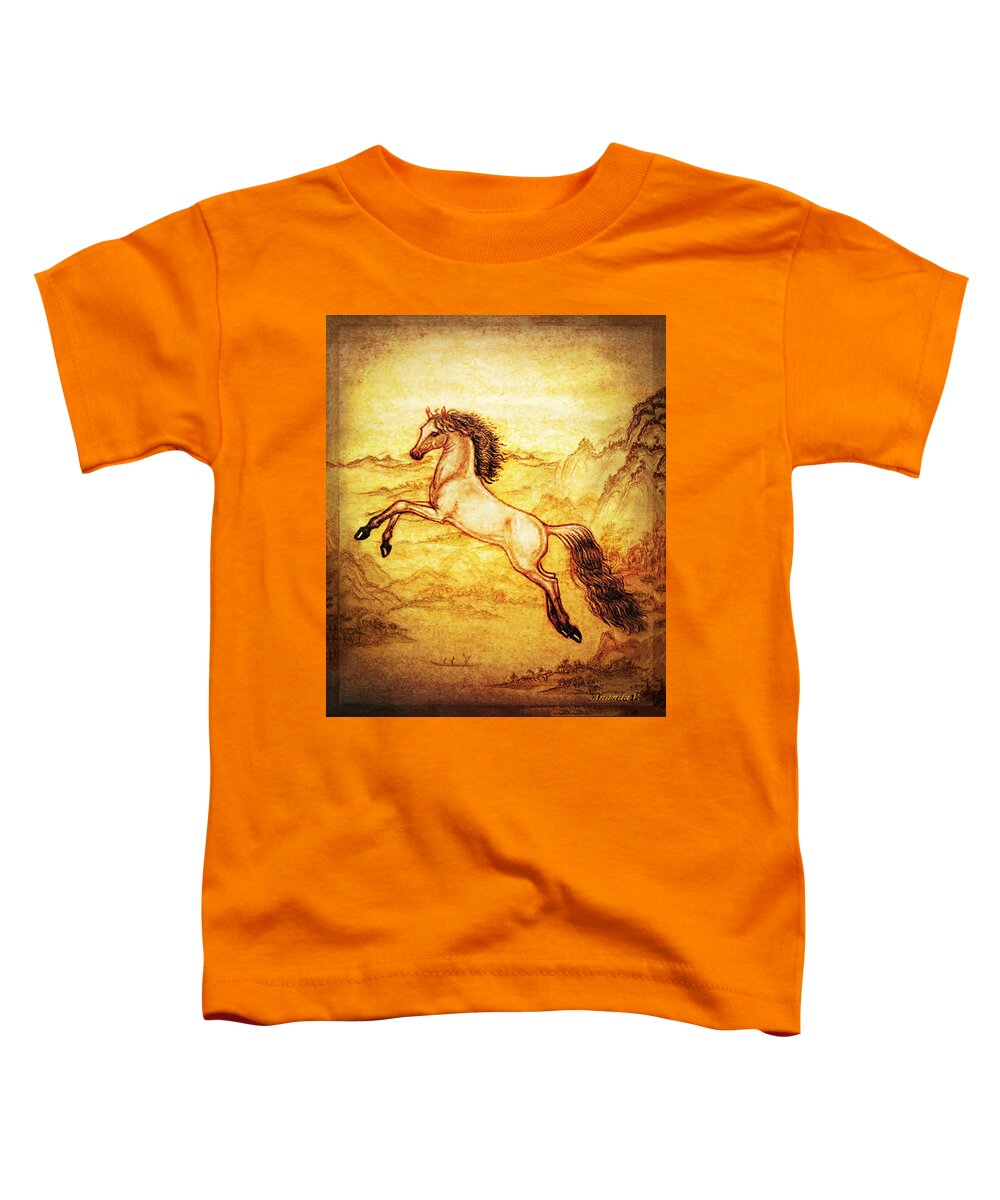 Horse Toddler T-Shirt featuring the mixed media Pegasus Friend with Landscape by Ananda Vdovic