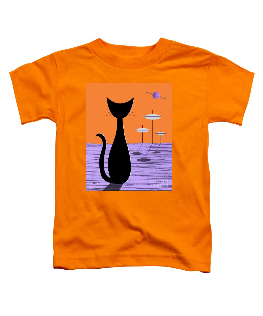 Mid Century Modern Toddler T-Shirt featuring the digital art Space Cat Orange Sky by Donna Mibus