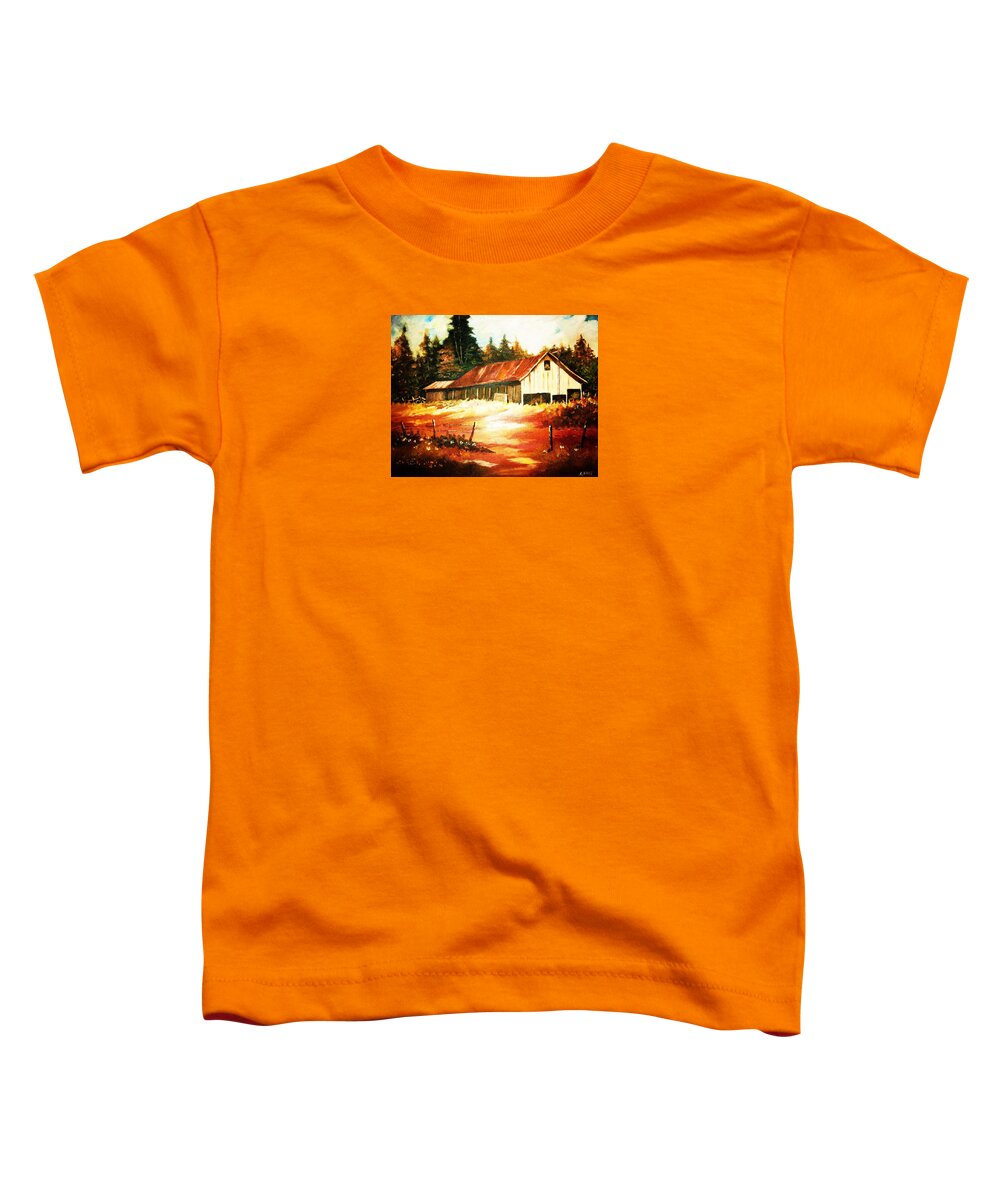 Woodland Toddler T-Shirt featuring the painting Woodland Barn in Autumn by Al Brown