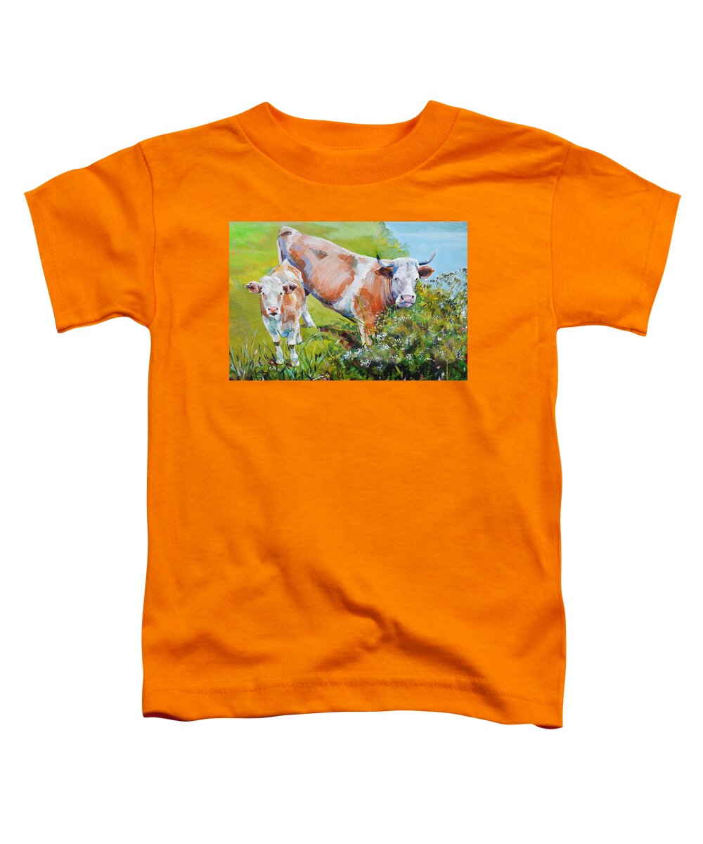 Cow And Calf Toddler T-Shirt featuring the painting Cow and Calf Painting #2 by Mike Jory