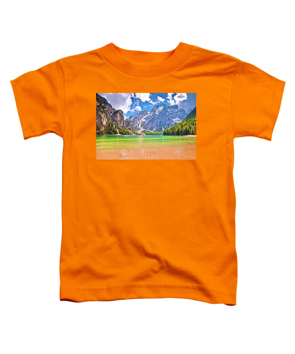Prags Toddler T-Shirt featuring the photograph Lago di Braies turquoise water and Dolomites Alps view #3 by Brch Photography