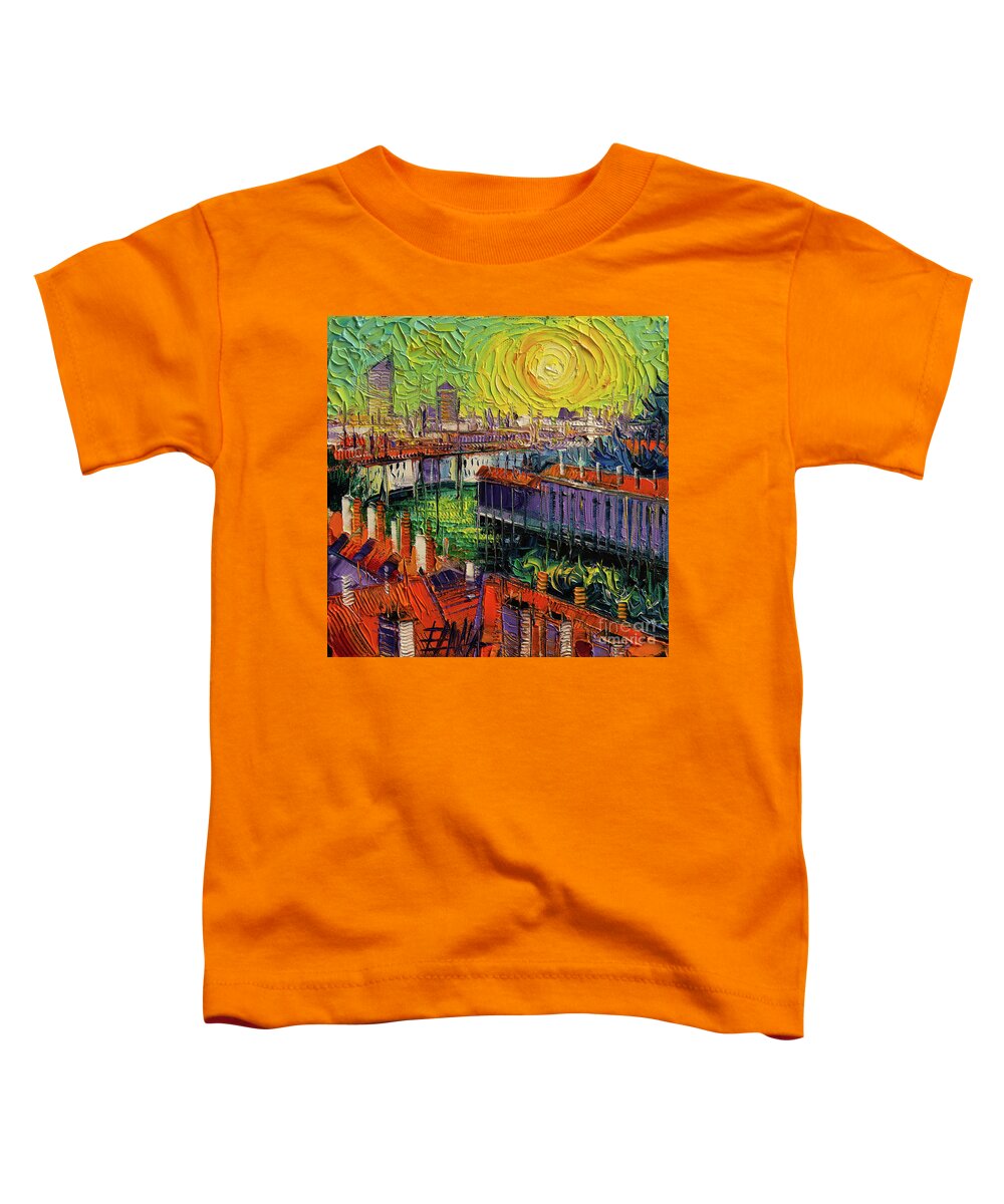 A Summer In Lyon Toddler T-Shirt featuring the painting A Summer in Lyon - Modern Impressionist Stylized Cityscape by Mona Edulesco
