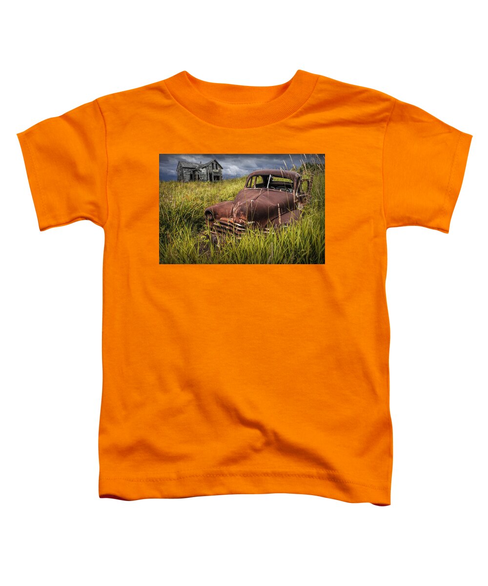 Automobile Toddler T-Shirt featuring the photograph Abandoned Vintage Car and Farm Homestead by Randall Nyhof