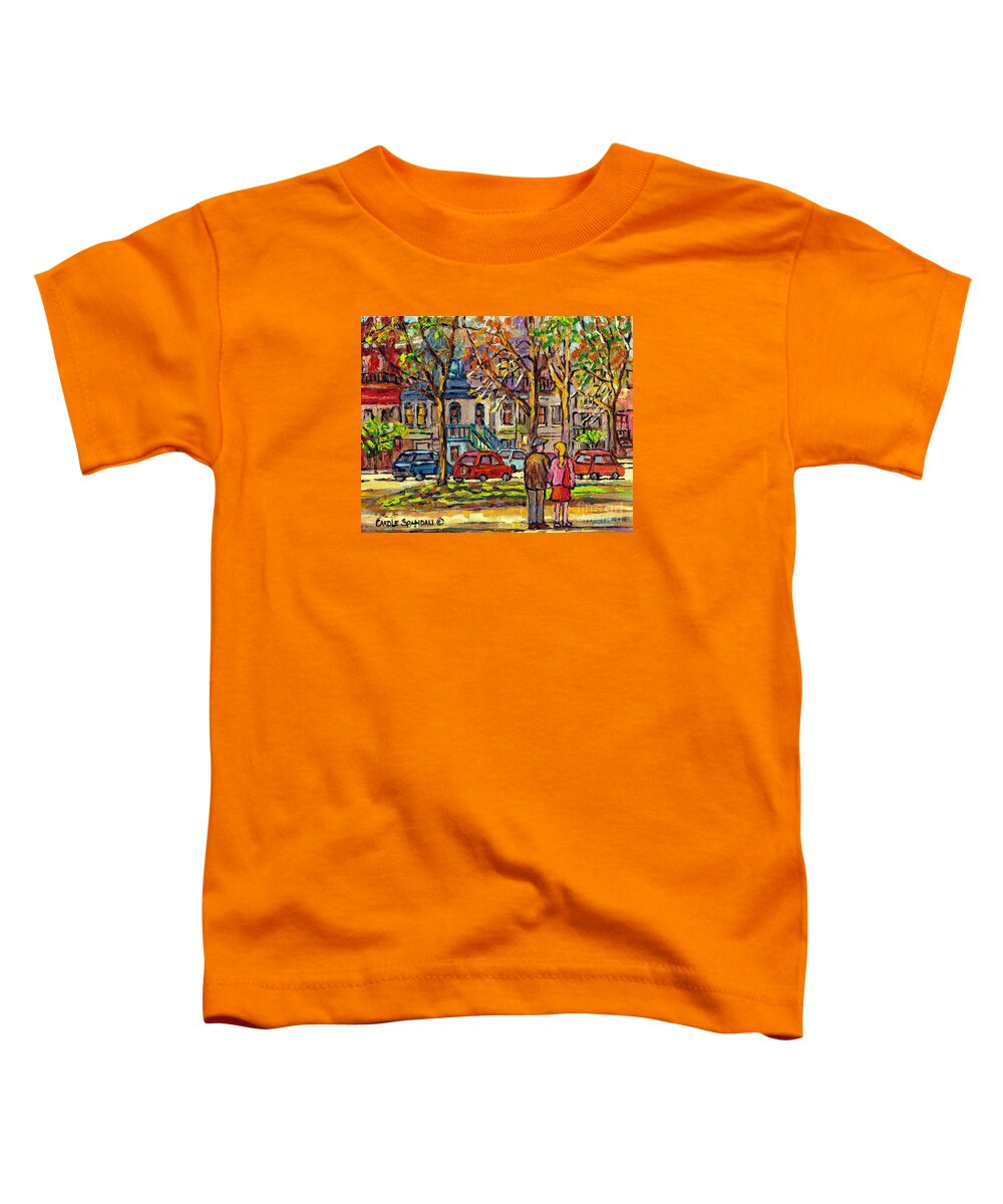 St.louis Square Toddler T-Shirt featuring the painting Autumn City Scene Carre St Louis Couple Strolling Le Plateau Montreal Urban Art Carole Spandau    by Carole Spandau