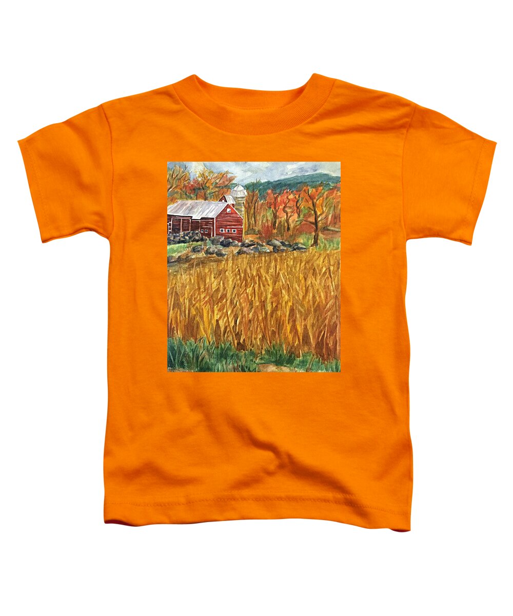 Red Barn Toddler T-Shirt featuring the painting Red Barn And Cornfields Catskills Autumn by Ellen Levinson