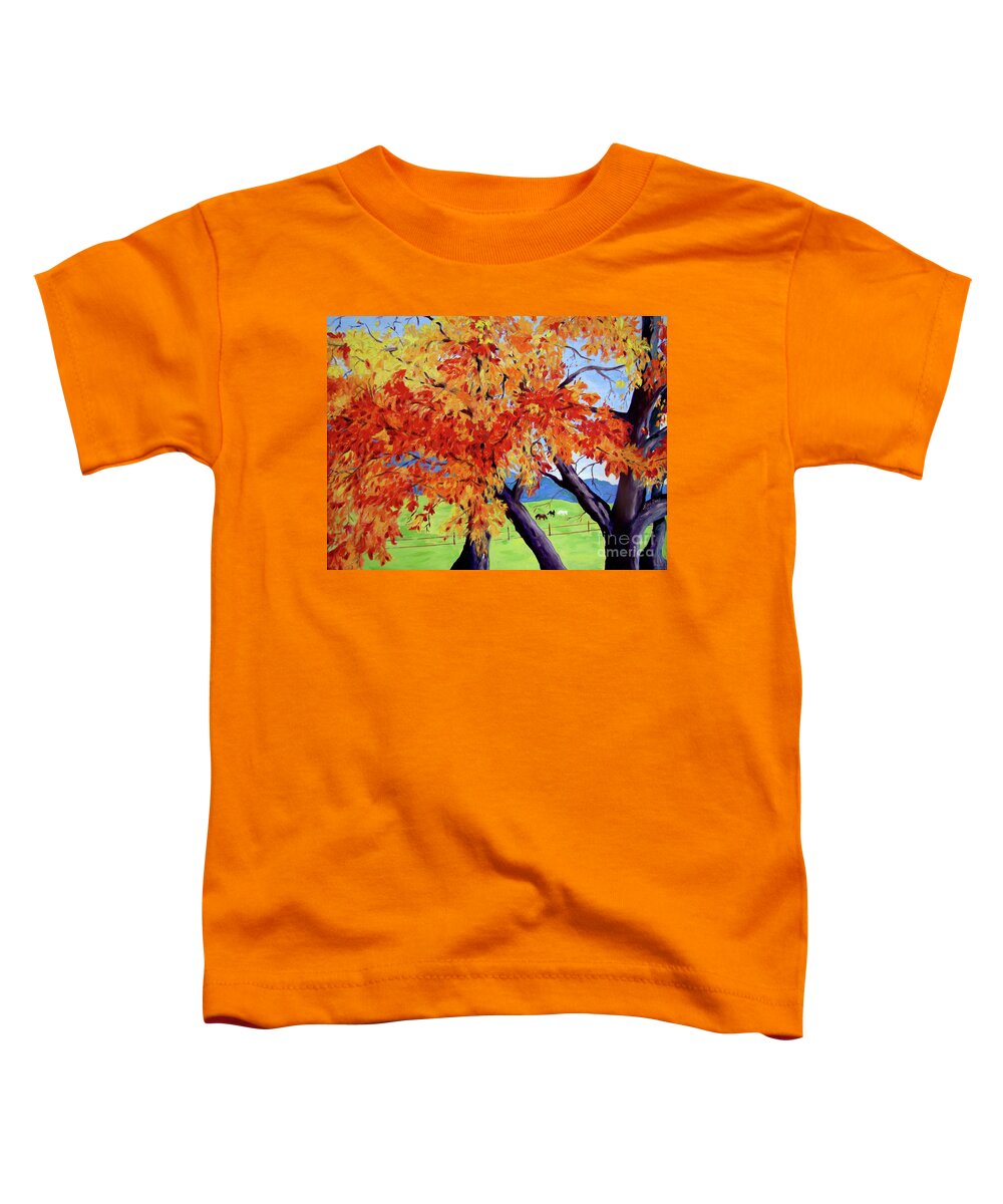 Landscape With Horses Toddler T-Shirt featuring the painting Changing of the leaves by Lisa Rose Musselwhite