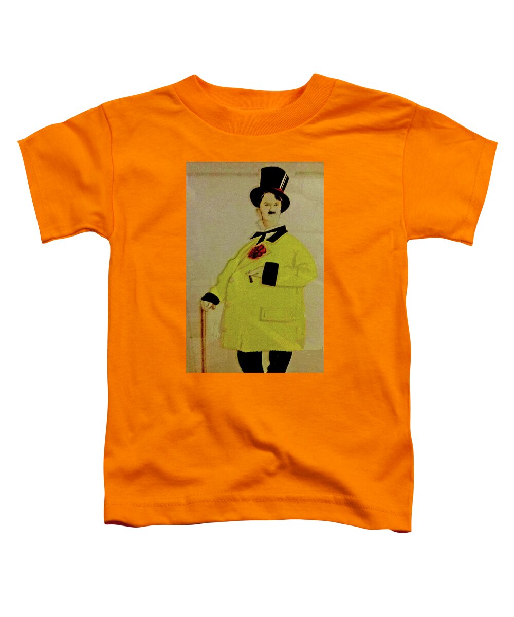 Charles Chaplin Toddler T-Shirt featuring the photograph Charlie In A Fancy Yellow Coat And Top Hat by Jay Milo