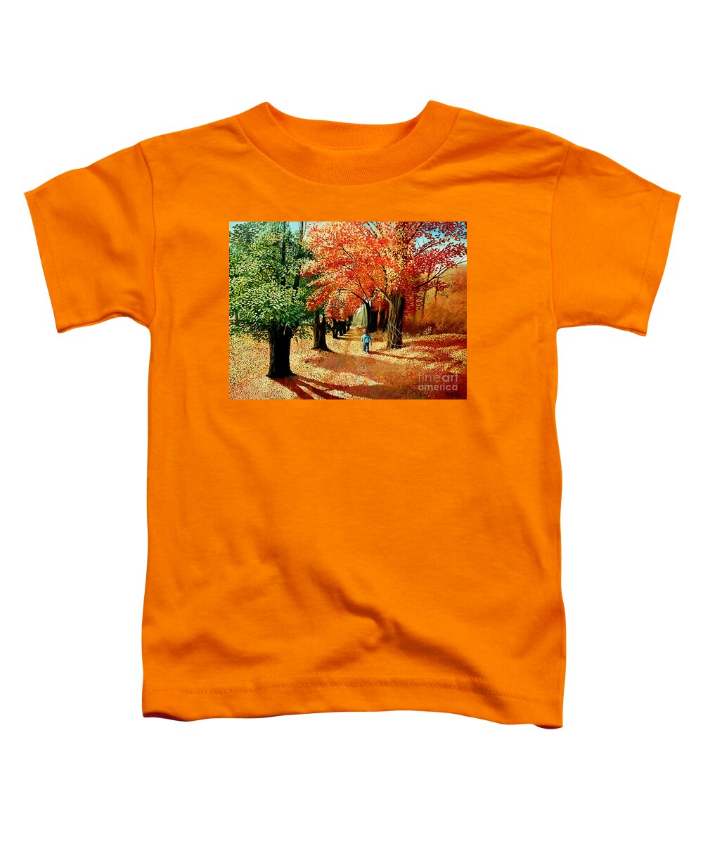 Fall Toddler T-Shirt featuring the painting Child walking into the Autumn Forest by Christopher Shellhammer