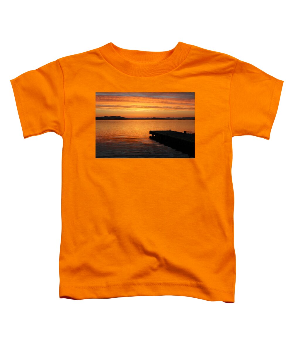Dawn Toddler T-Shirt featuring the photograph Dawn on the water at Dusavik by Charles and Melisa Morrison